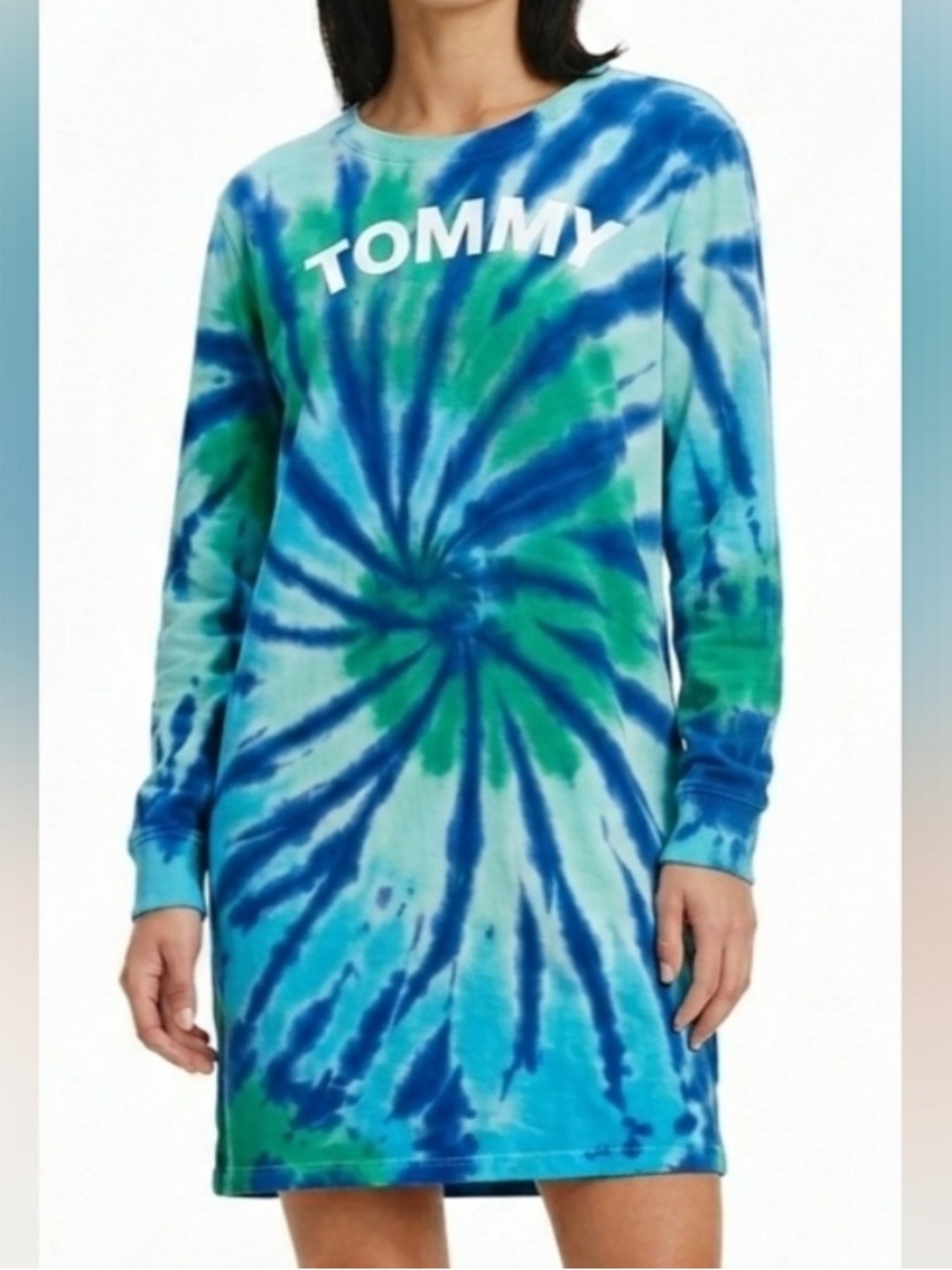 TOMMY HILIFIGER Dress French Terry Tie Dye Dress Blue Green  SZ Small Cotton